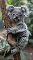 Obraz premium A close-up of a cute koala clinging to a tree trunk, surrounded by lush green foliage, highlighting its natural habitat and adorable expression