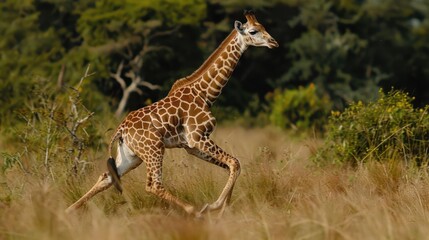 Obraz premium A giraffe galloping through a field of wild grass and brush.