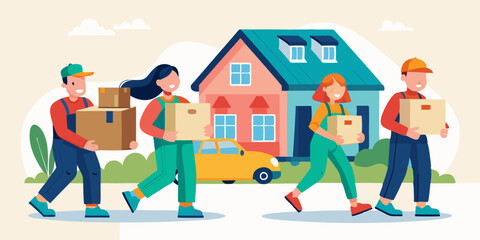Moving company. Relocation service. Movers carry boxes into the house. Moving. Vector illustration
