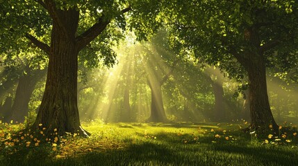 Obraz premium Nature Background: Tranquil design featuring a sunlit forest glade with dappled light filtering through the canopy of tall oak trees