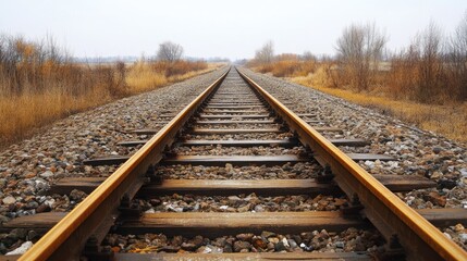 Obraz premium Empty railway tracks stretching into the distance, no trains, rural setting