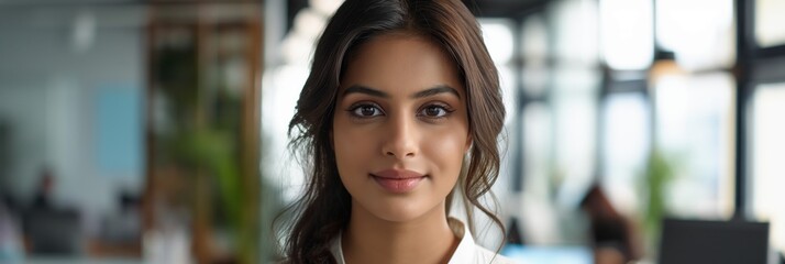 Professional woman in office attire standing in a modern office setting, embodying ambition, professionalism, and a forward-thinking work ethic.