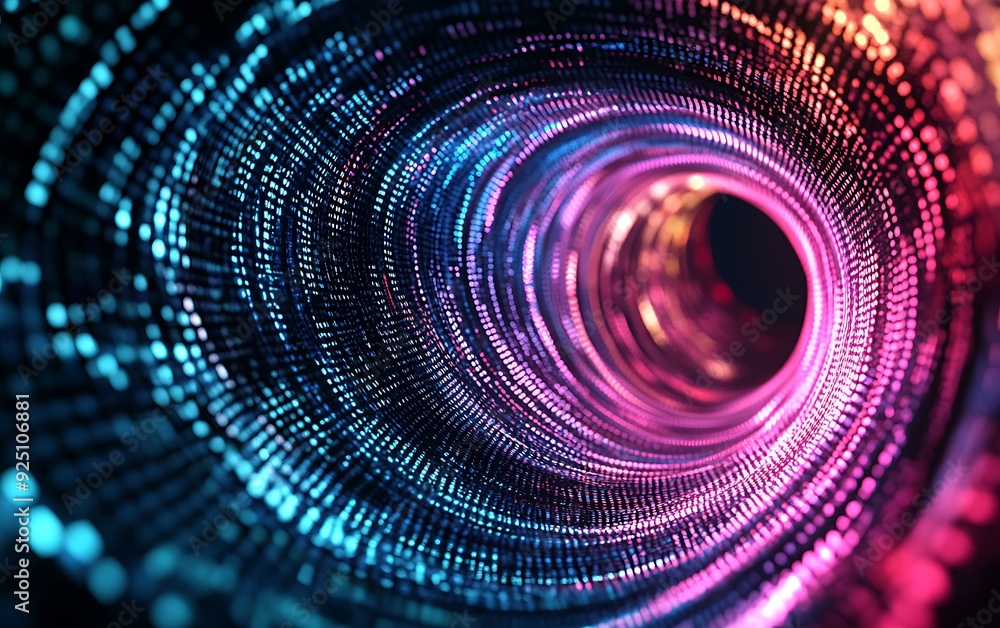 Poster Cyberpunk Technology Abstract Background with a Swirling Vortex of Binary Code and Neon Colors