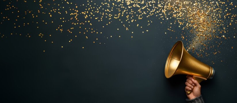 Golden megaphone with confetti on black background communication notification events holiday wide banner copy space