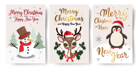 Christmas cards with reindeer, penguin, snowman. Golden lettering. Childish holiday greeting card collection. New year invitation, banner