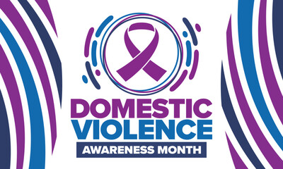 Domestic Violence Awareness Month in October. Celebrate annual in United States. Awareness purple ribbon. Day of Unity. Prevention campaign. Stop women abuse. Poster, banner and background. Vector