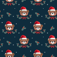 Winter seamless pattern with cute bear in santa hat. Christmas backgrounds. New year decoration. Cartoon xmas pattern.
