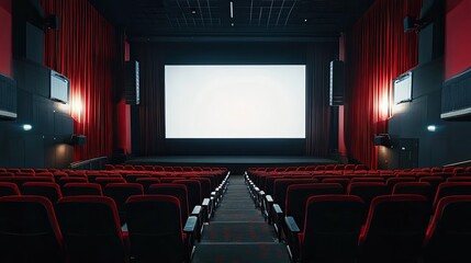 Interior of a movie theater with no patrons, showing rows of seats and a blank screen