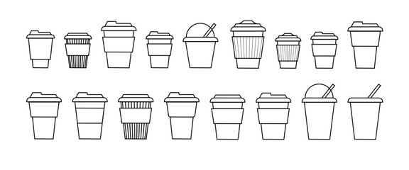 Coffee cup line and flat style. Disposable coffee cup. Coffee paper cup container for hot and cold drink juice tea cocoa. Vector