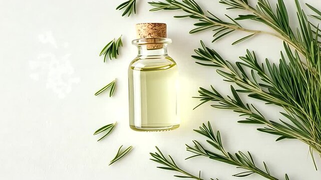 Overhead shot of rosemary essential oil in a glass bottle alongside green rosemary sprigs. Perfect for illustrating aromatherapy, natural health remedies, and relaxation concepts
