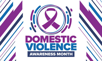 Domestic Violence Awareness Month in October. Celebrate annual in United States. Awareness purple ribbon. Day of Unity. Prevention campaign. Stop women abuse. Poster, banner and background. Vector