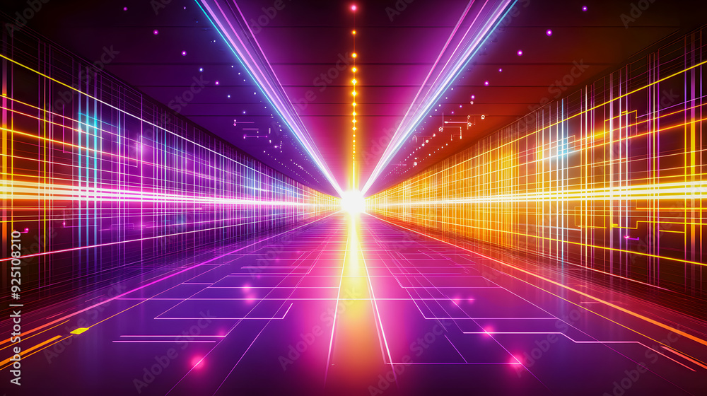 Poster futuristic neon tunnel of luminous light vibrant energy and digital technology surreal and mesmerizi
