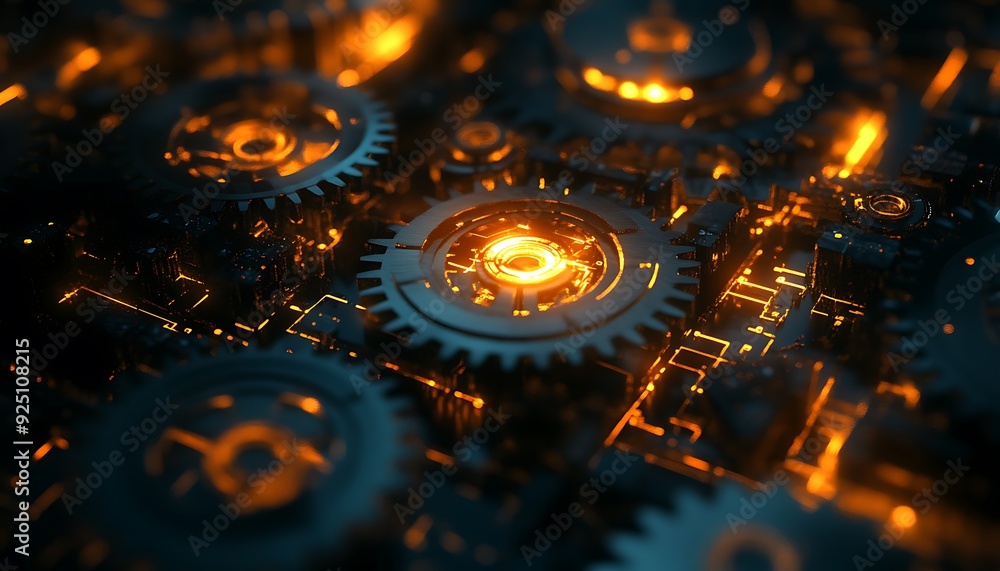 Poster High-Tech Abstract Background with Interconnected Gears and Cool-Toned Lighting
