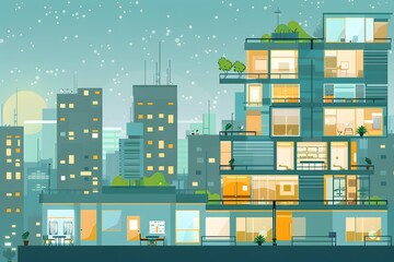 Night Cityscape with Modern Architecture and Illuminated Windows