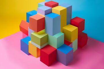 Fototapeta premium Colorful Geometric Shapes Stacked On A Pastel Background