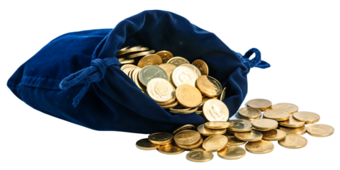 A bag of golden coins isolated on white background. AI GENERATED