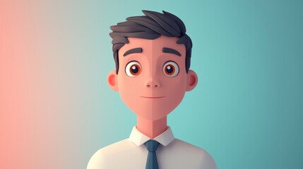 3D Rendered Cartoon Character with Brown Hair and Big Eyes in White Shirt and Tie on Gradient Background