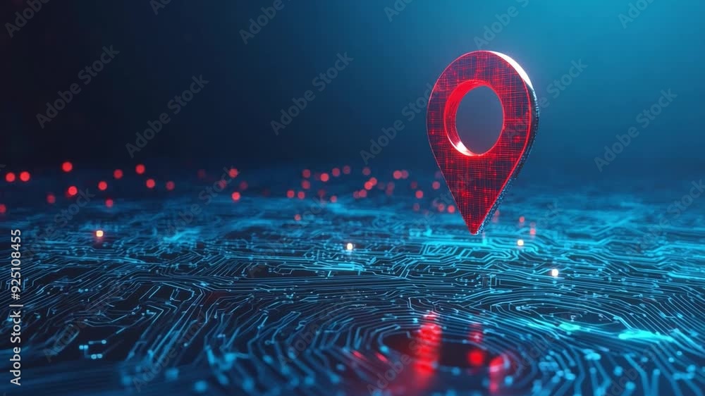 Poster a glowing red navigation pin floats above a circuit board design, symbolizing location tracking and 