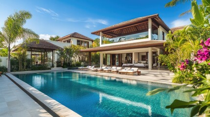Fototapeta premium Luxury villa with an expansive outdoor pool, lush gardens, and elegant design