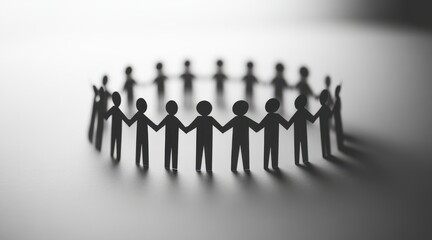A circle of paper cutout figures holding hands. Unity, teamwork, and collaboration concept.