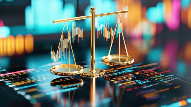 Golden scale tipping with bars on one side and price charts on the other