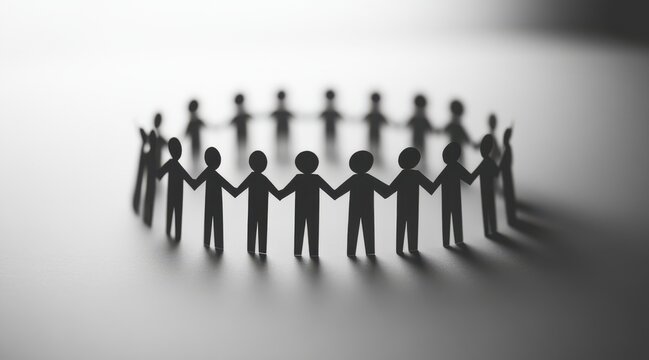 A circle of paper cutout figures holding hands. Unity, teamwork, and collaboration concept.