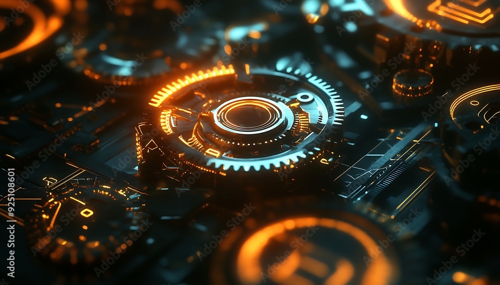 Poster high-tech abstract background with interconnected gears and cool-toned lighting