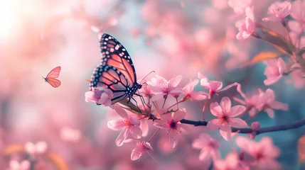 Fotobehang Macro shot capturing the serene and delicate beauty of a peaceful spring landscape with pink sakura flowers in full bloom and butterflies fluttering around © Crystal