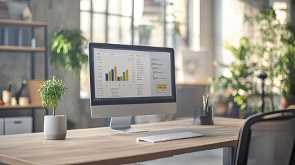 Modern office desk with a computer showing a tech simulation software, clean and organized
