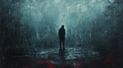 Obraz premium Melancholic Oil Painting of Solitary Person in the Rain