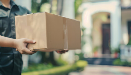 Mover's Hands Holding Cardboard Box in Uniform
