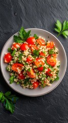Vibrant salad featuring fresh tomatoes, parsley, and grains, perfect for healthy meals and culinary inspiration.