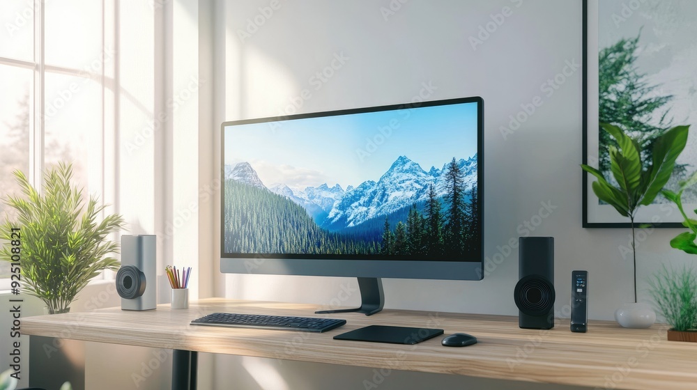 Poster modern tech desk with a large monitor and wireless accessories, clean and minimal setup