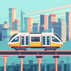 Modern Train on Elevated Tracks In Cityscape