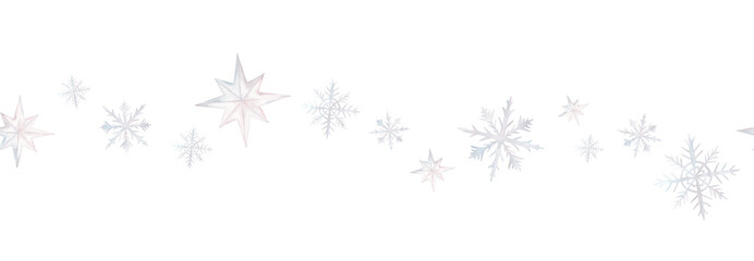 Seamless border with snow and snowflakes in different shapes and forms. Christmas and New Year background. Watercolor hand drawn illustration on isolated background. Repeat print for banner