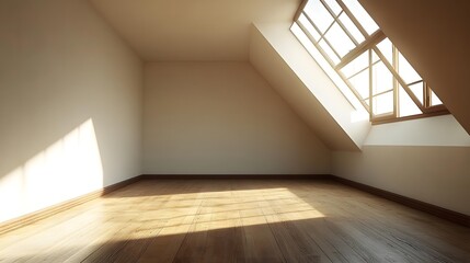 Obraz premium Empty Attic Room with Skylight and Wooden Floor