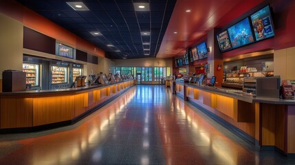 Movie theater lobby without people, showing clean counters and concession stands