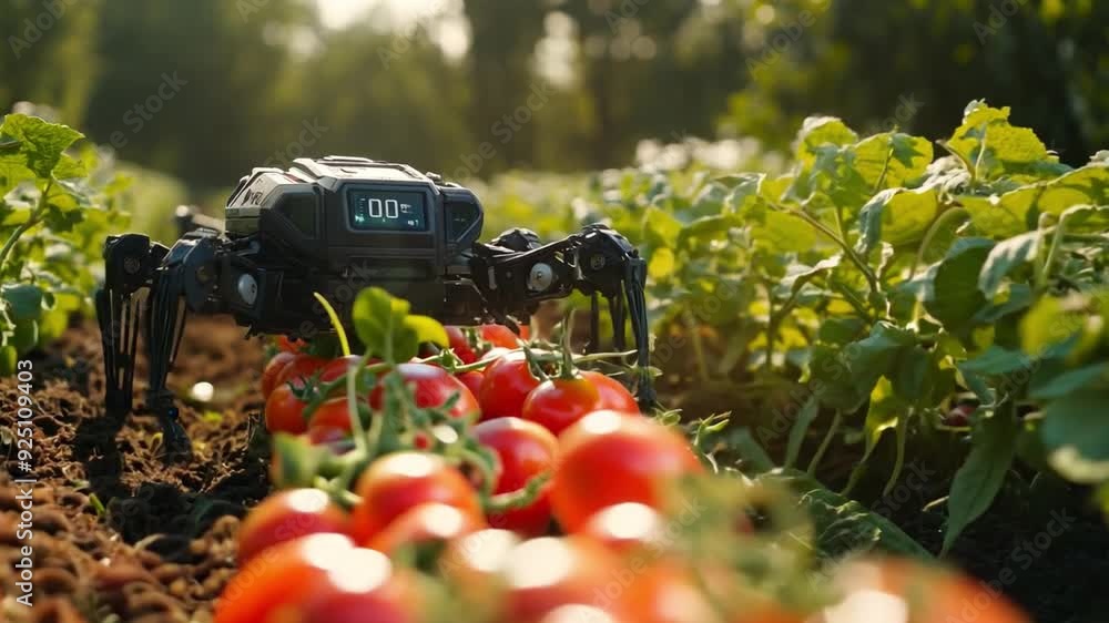 Poster a small robotic device navigates between rows of tomato plants, efficiently collecting ripe fruit un