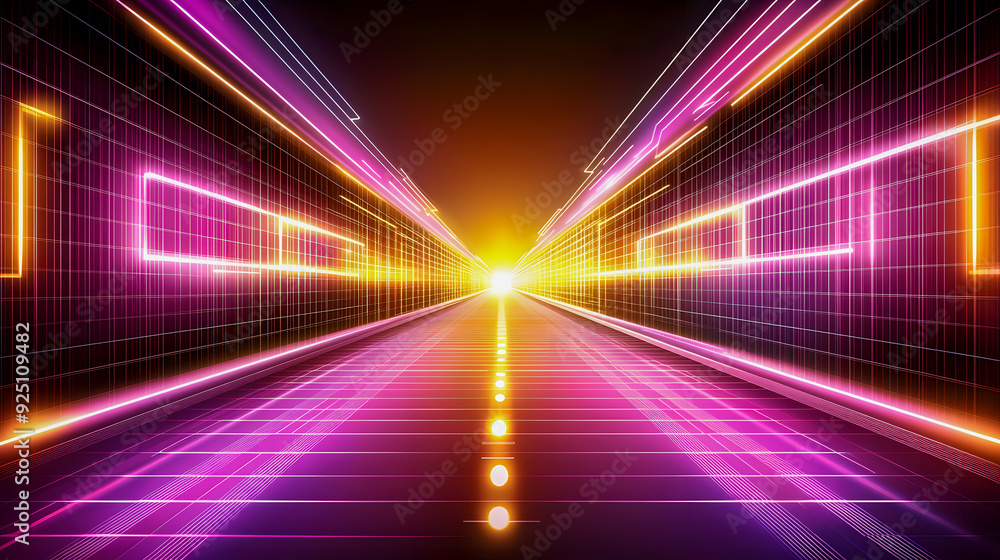 Poster futuristic digital abstract background with a neon lit tunnel filled with vibrant glowing lines geom