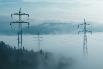 Power lines at dawn over misty landscape