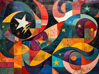 Abstract Geometric Mural with Stars.