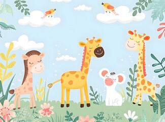 Naklejka premium Cute Giraffe And Mouse Cartoon Illustration