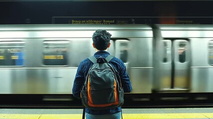 Male passenger wearing a backpack, observing the subway tracks in anticipation as people rush past in a blur. This image emphasizes the daily routine and fast-paced environment of urban commuting