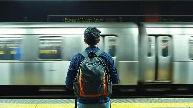 Male passenger wearing a backpack, observing the subway tracks in anticipation as people rush past in a blur. This image emphasizes the daily routine and fast-paced environment of urban commuting