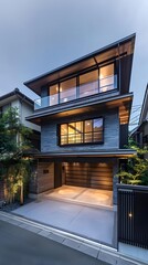 Fototapeta premium Modern Japanese Style House with Wooden Garage Door