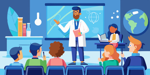 Teacher gives a lecture to students in a university auditorium. Science education and learning concept
