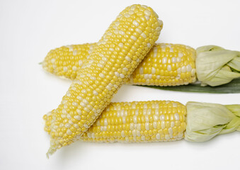 Close-up of three stacked raw Chodang corns on white floor, South Korea