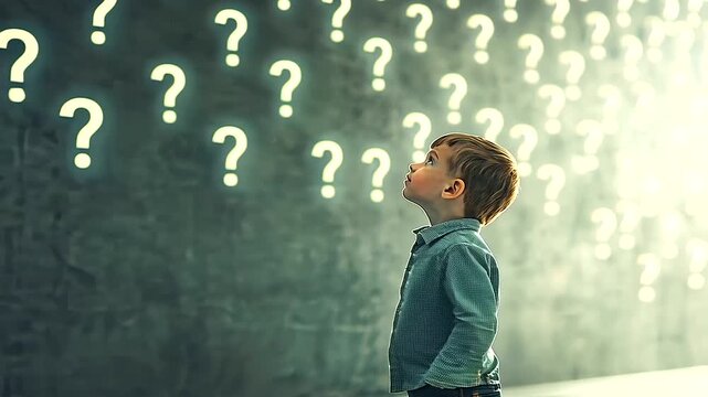 little kid with a curious and thoughtful expression stands in a room, looking up at a wall covered in question mark symbols. The image captures the child's quest for answers, symbolizing the need for 