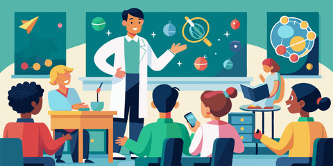 Teacher gives a lecture to students in a university auditorium. Science education and learning concept
