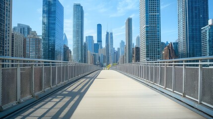 Naklejka premium Vacant pedestrian bridge with clear path and no people, city skyline in background